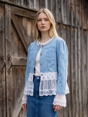 Vintage Icy Blue Denim Jacket with White Lace Trim